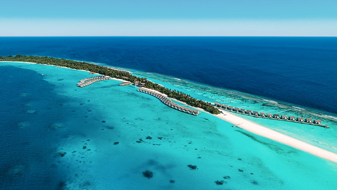 Aerial view of floating resort overwater bungalows in the Maldives